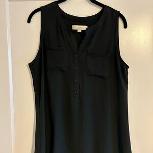LOFT Black Sleeveless Henley Shell with Chest Pockets